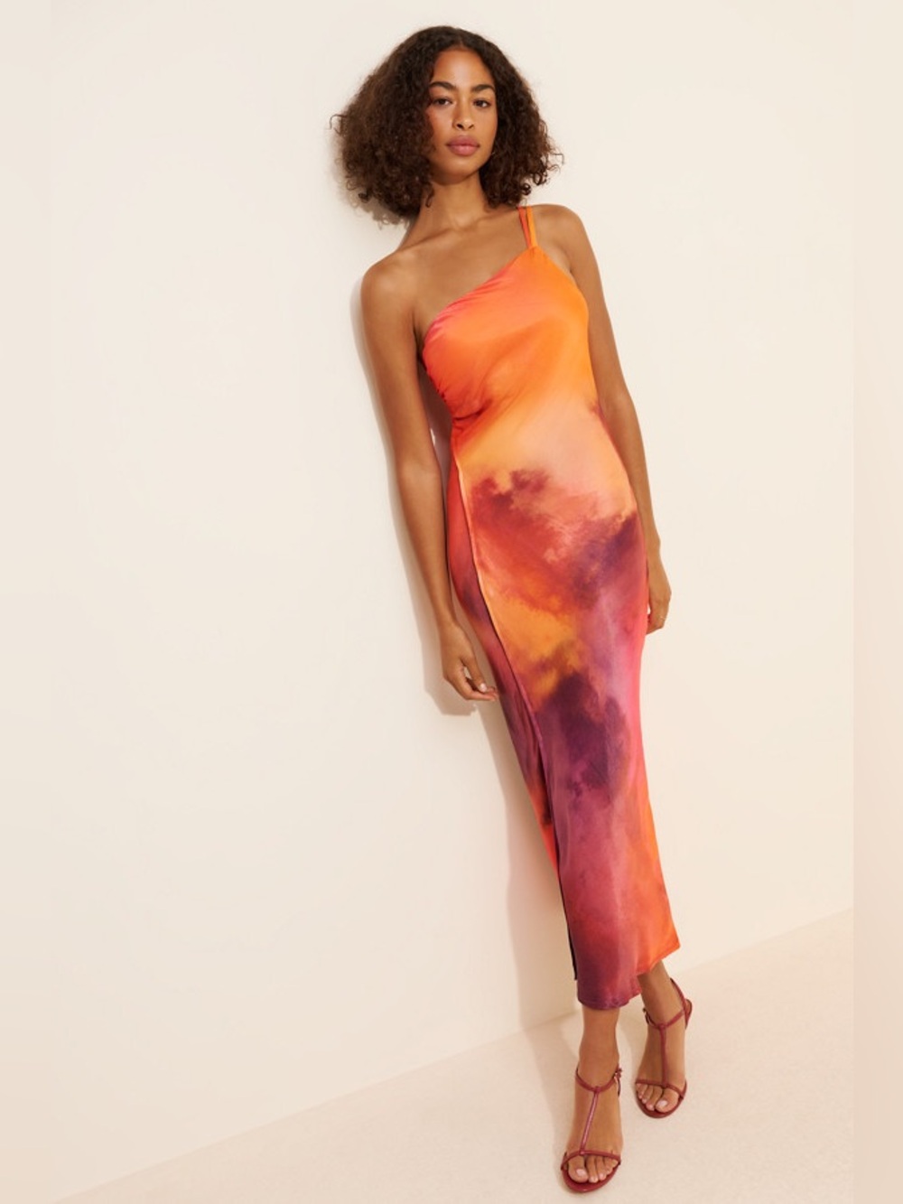 Bl-Nk London One-Shoulder Midi Dress Orange Tie-Dye Slip